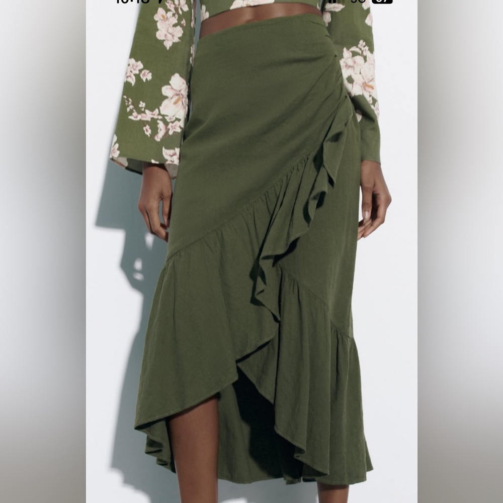 NWT Zara Linen Blend Ruffled Midi Skirt Green
